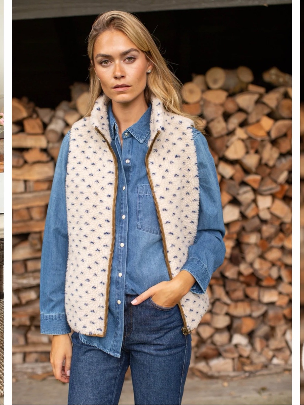 SHERPA VEST - IVORY/BLUE BIRDSEYE - LIKE NEW